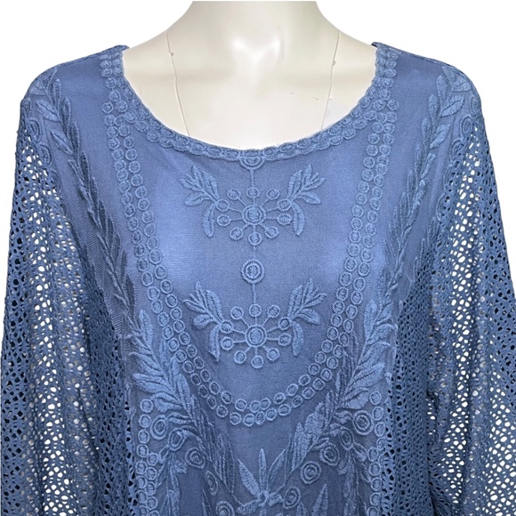 Ali Miles Size 1X Blue Lace Overlay Tunic Top Ruffle Tiered Lagenlook 3/4 Sleeve - Picture 5 of 10